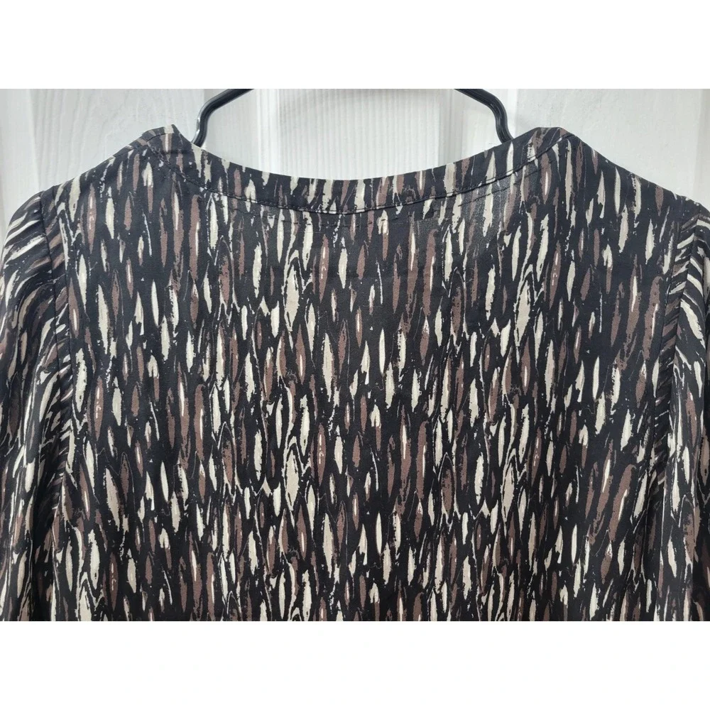Tory Burch Silk Ruffle V-Neck Blouse 3/4 Sleeve Abstract Print Black Brown Sz 8